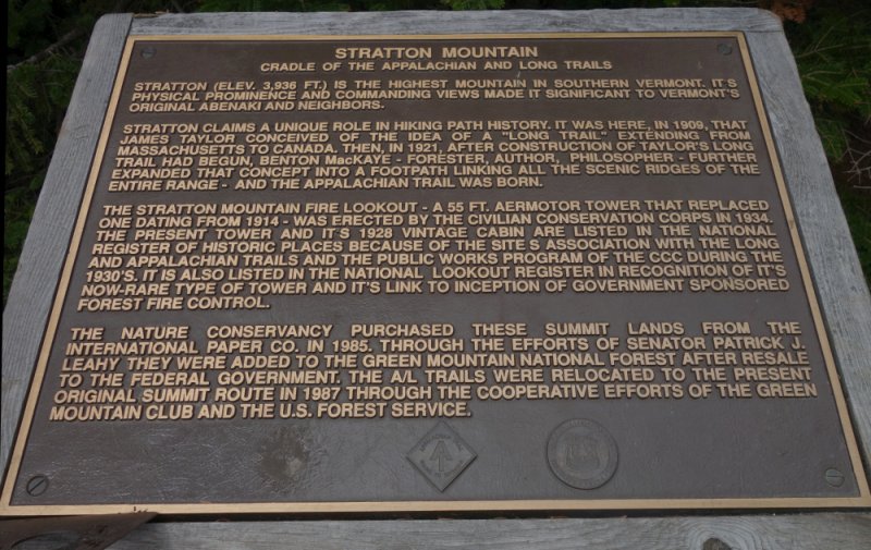 photo of the plaque at top of Stratton Mountain
